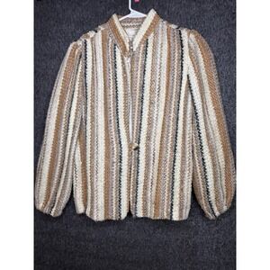 70s D.K. Gold Donnkenny Vintage Stripe Boucle Knit Cardigan Jacket Brown Cream